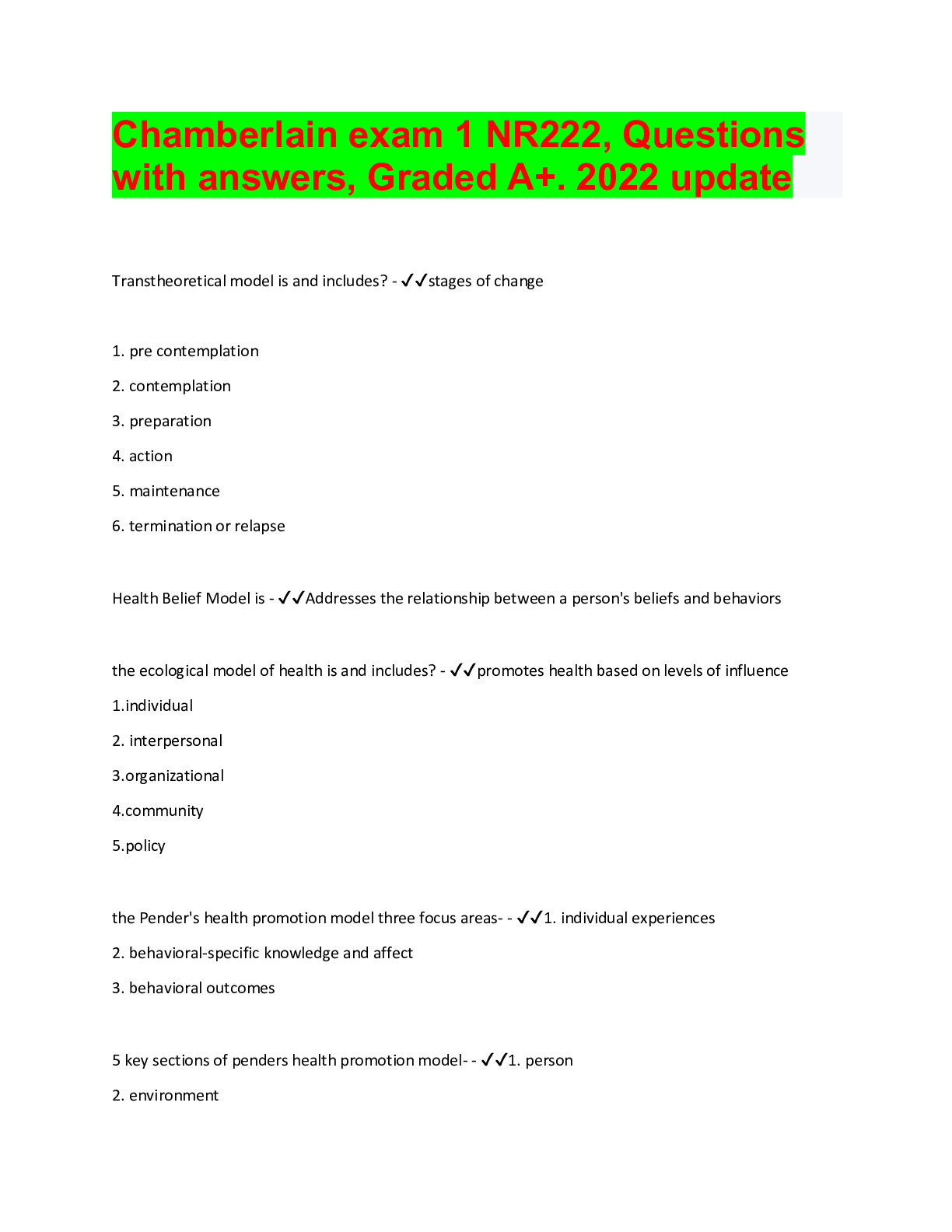 Preview image for Chamberlain exam 1 NR222, Questions with answers, Graded A+. 2022 update